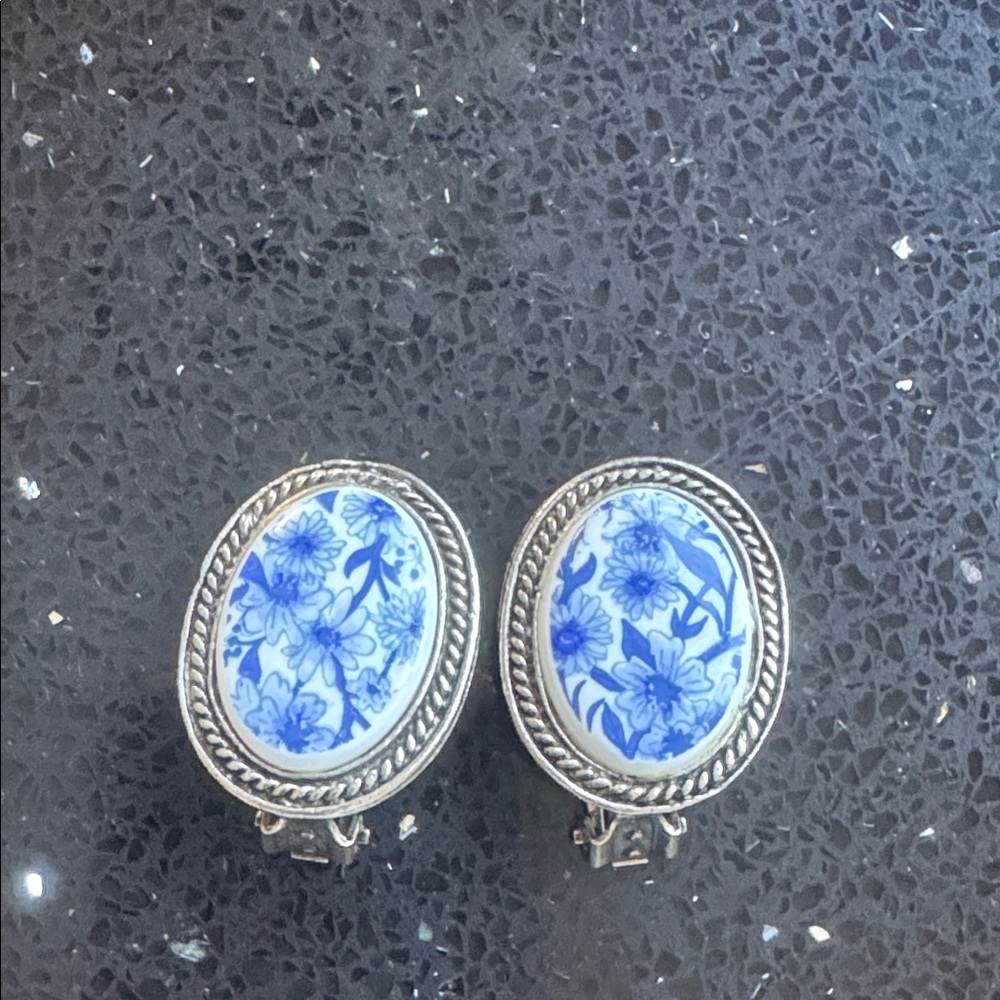Elegant Silver and Blue Floral Clip-On Earrings